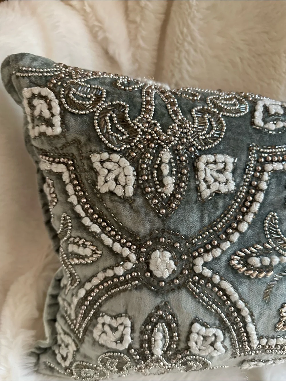 NWT Embellished Gray Velvet Lumbar Beaded Pillow Silver White Accents